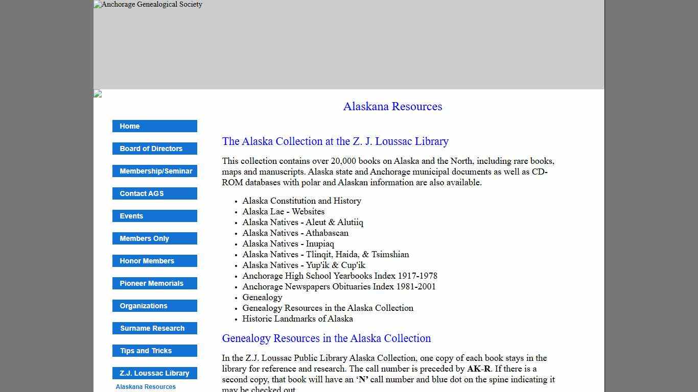Anchorage Genealogical Society - Alaskana Resources